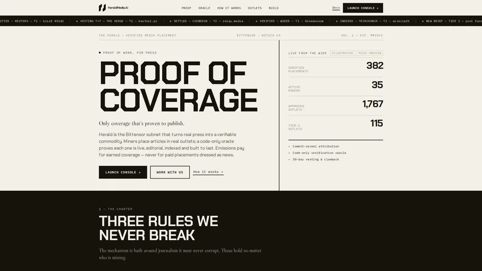 Homepage snapshot at launch
