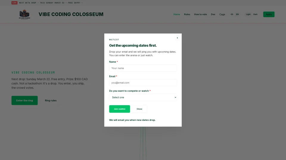 Homepage snapshot at launch