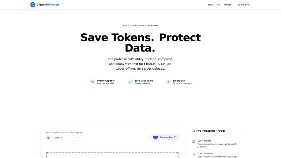 Screenshot of cleanmyprompt.io