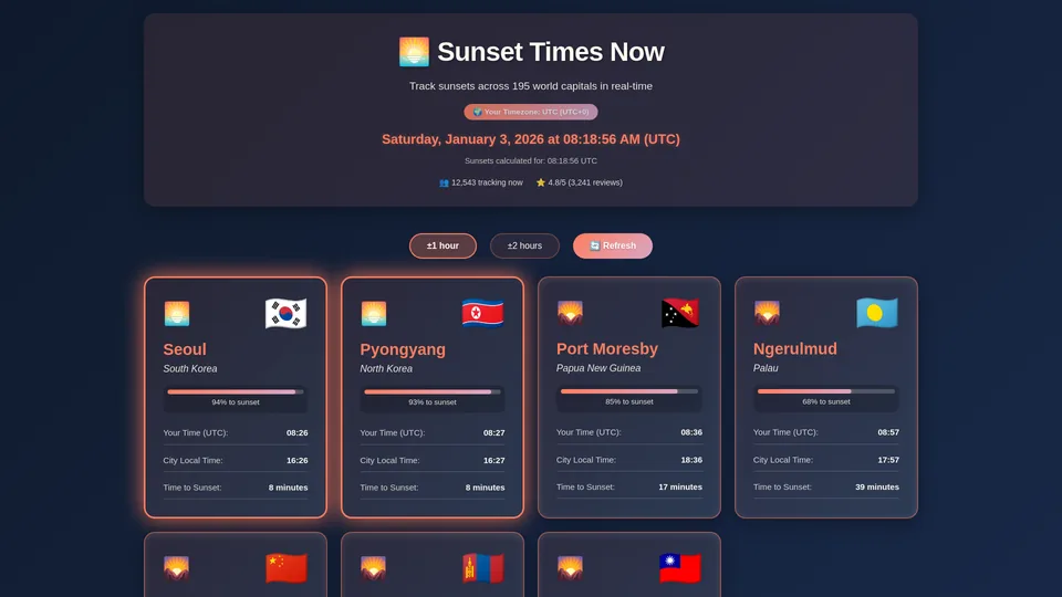 Screenshot of sunset-tracker.com