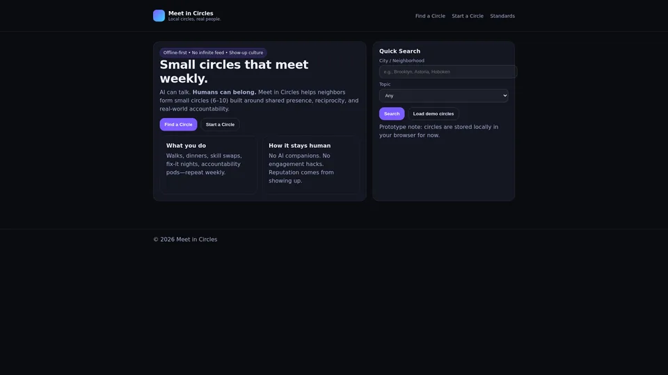 Screenshot of meetincircles.com