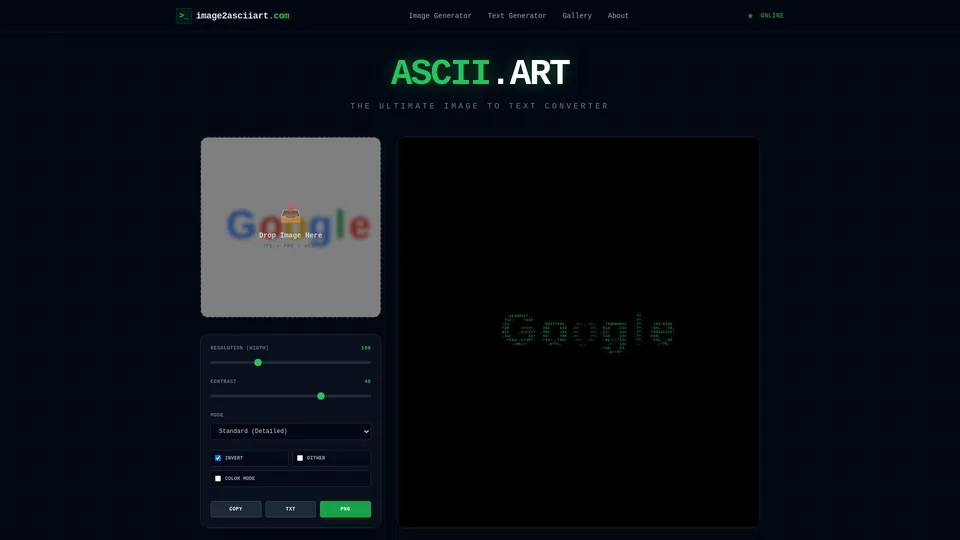 Screenshot of image2asciiart.com